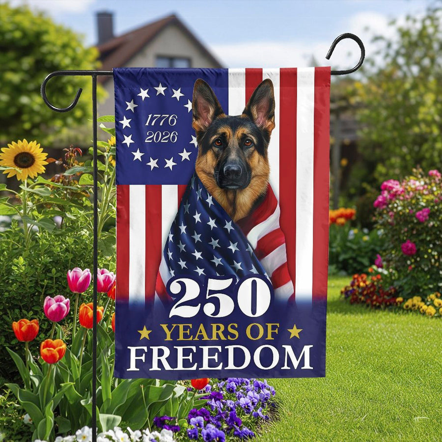German Shepherd Patriotic Garden Flag | 250th Anniversary 1776-2026 USA Flag | Double Sided Weatherproof Fabric | Collector's Gift for Dog Lover