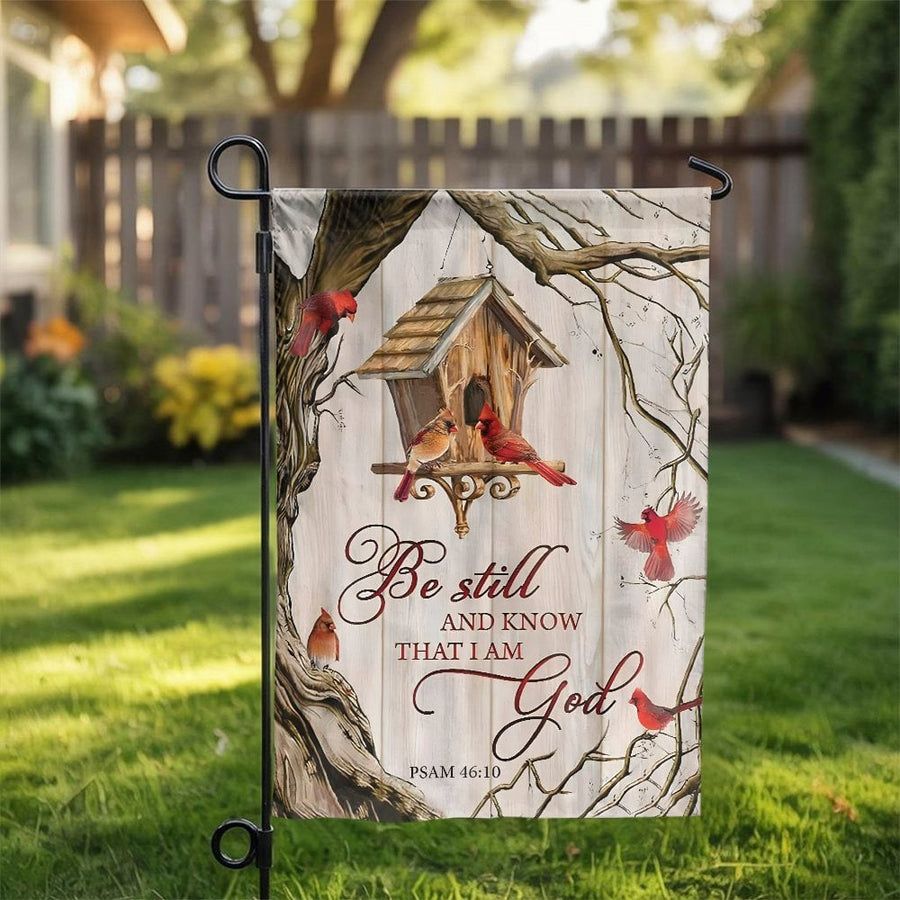 Psalm 46:10 Christian Garden Flag | Red Cardinal Birds & Birdhouse | Weather-Resistant Double Sided Polyester | Inspirational Yard Decor Gift