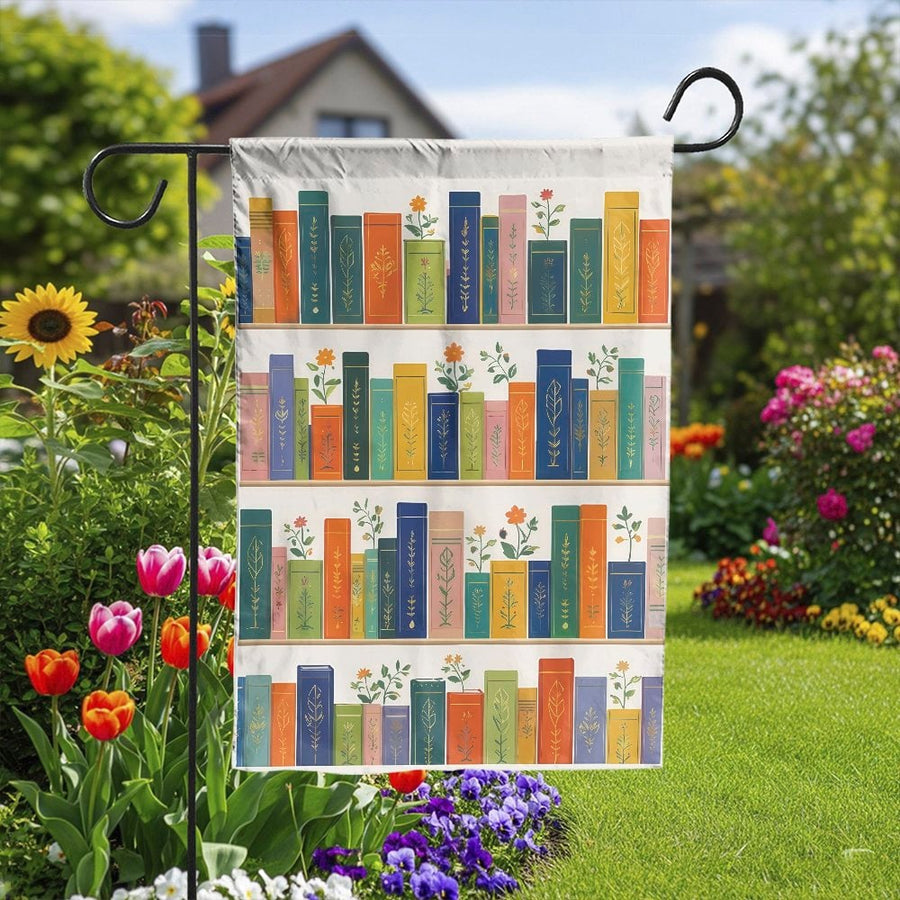 Bookshelf Garden Flag | Floral Book Spine Art Print | Double Sided Weather-Resistant Decor | Gift for Book Lovers & Librarians