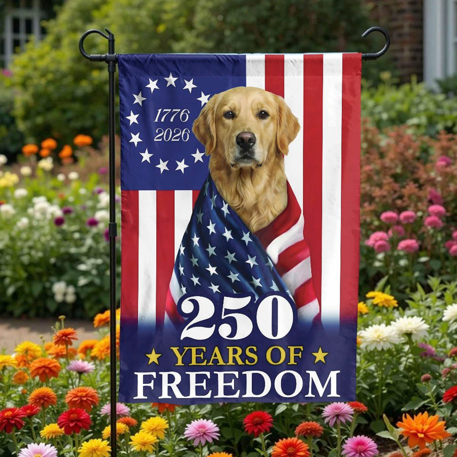 Patriotic Golden Retriever Garden Flag | 250th Anniversary 1776-2026 | Double Sided Weather Resistant Fabric | Yard Decor Gift for Dog Owners