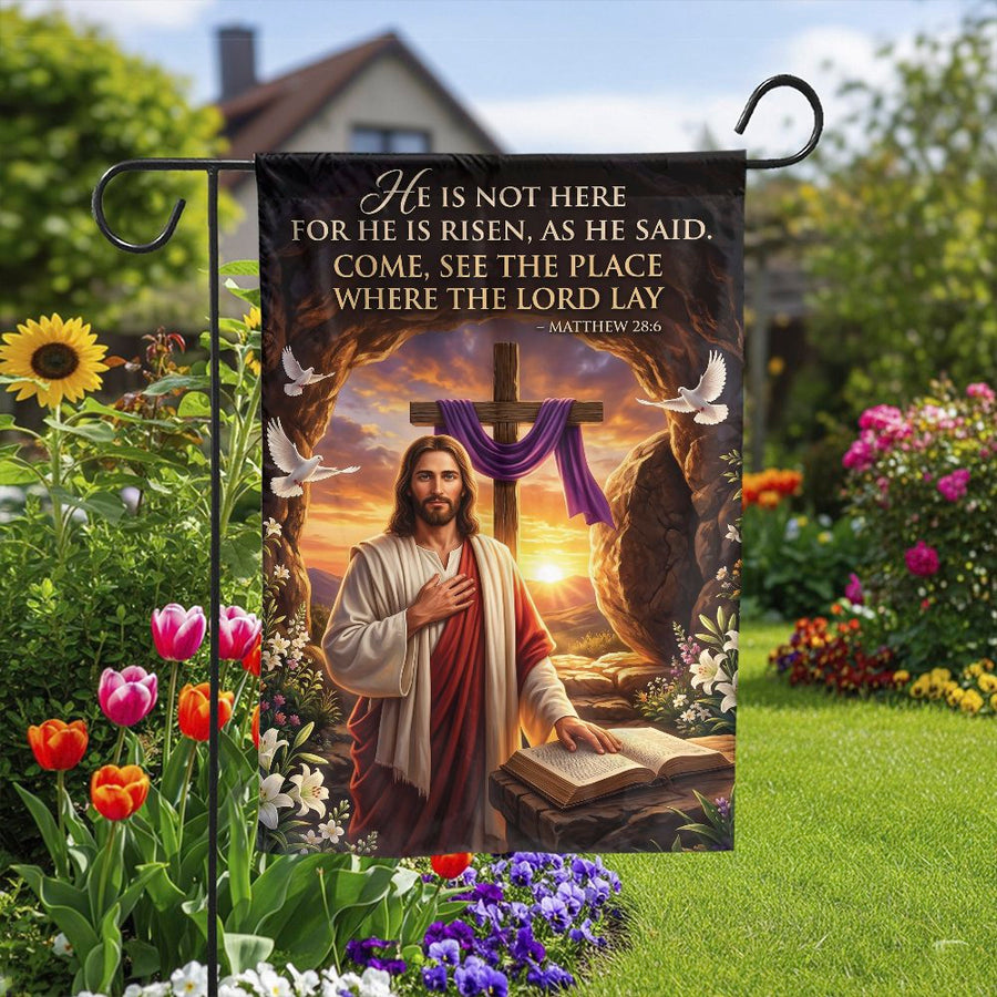 He is Risen Christian Garden Flag | Jesus Empty Tomb & Cross Design | Double Sided Premium Polyester | Religious Gift & Easter Yard Decor