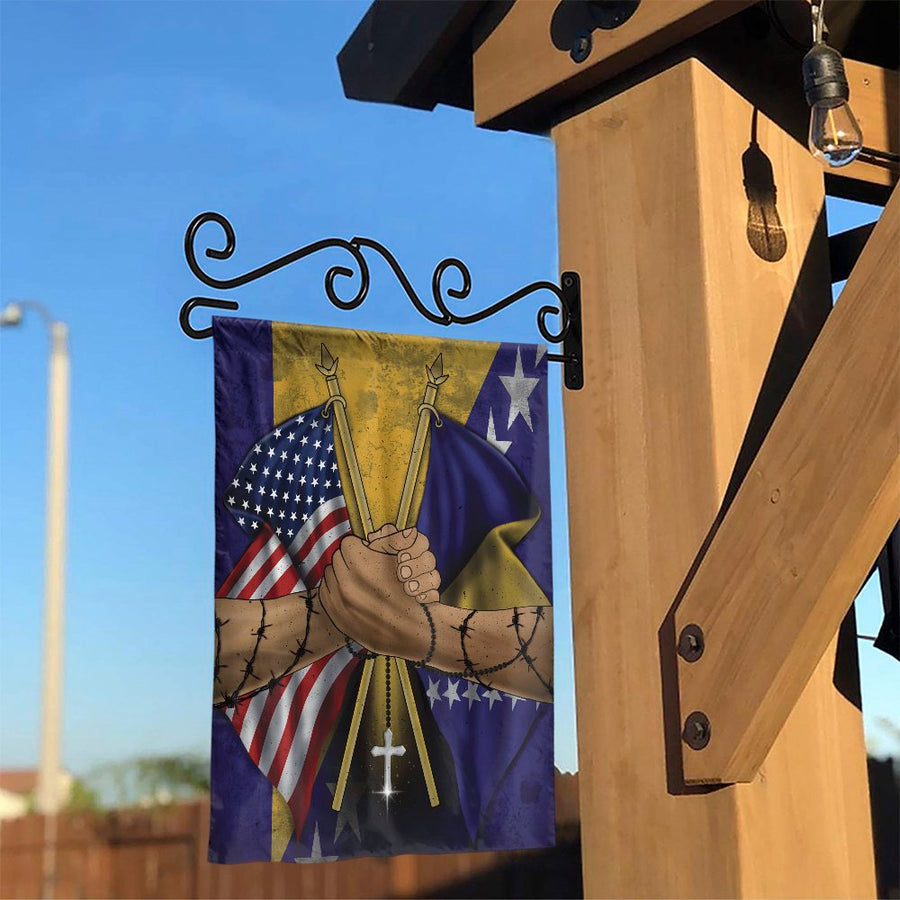 Bosnian American Unity Garden Flag | Handshake & Cross Heritage Art | Weather-Resistant Polyester | Premium Outdoor Decor Gift for Bosnian-Americans