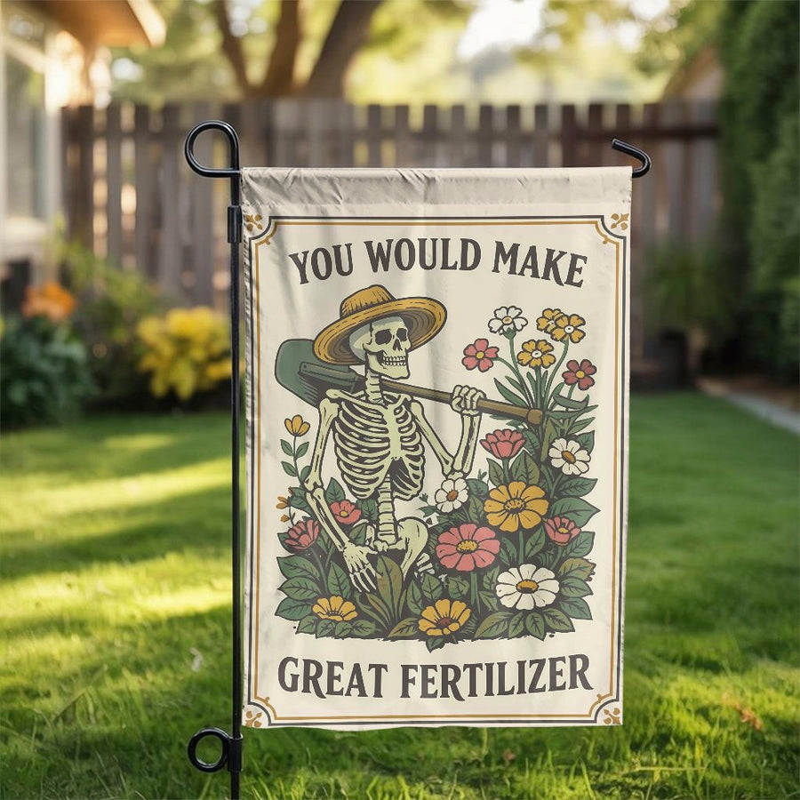 Funny Skeleton Garden Flag | Retro 'Great Fertilizer' Design | Double Sided Polyester Banner | Sarcastic Gardener Gift & Funny Yard Decor