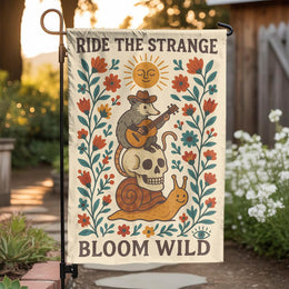 Funny Possum Garden Flag | Ride The Strange Retro Opossum & Skull Design | Double Sided Weather-Resistant Fabric | Unique Outdoor Yard Decor Gift
