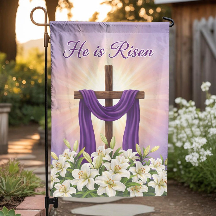 He Is Risen Easter Garden Flag | Religious Cross & Lilies Decor | Double Sided Weather Resistant Polyester | Christian Outdoor Home Decor Gift