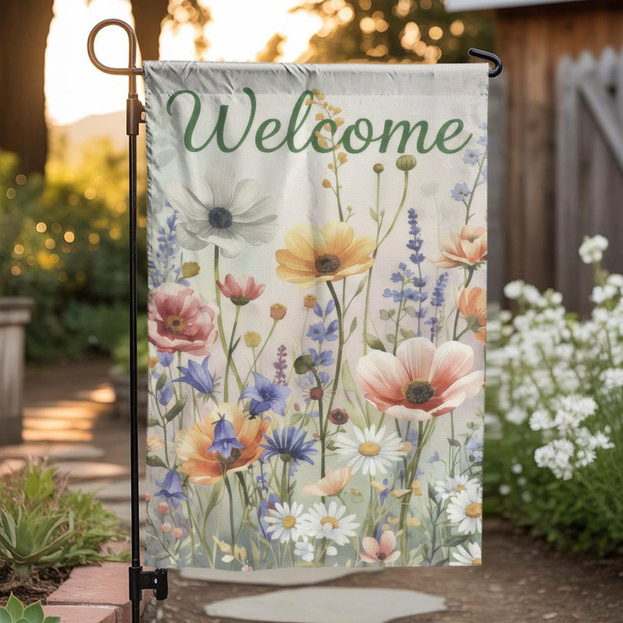 Watercolor Wildflower Welcome Flag | Vertical Garden & House Banner | Premium Double Sided Fabric | Spring Summer Outdoor Decor Gift for Gardener