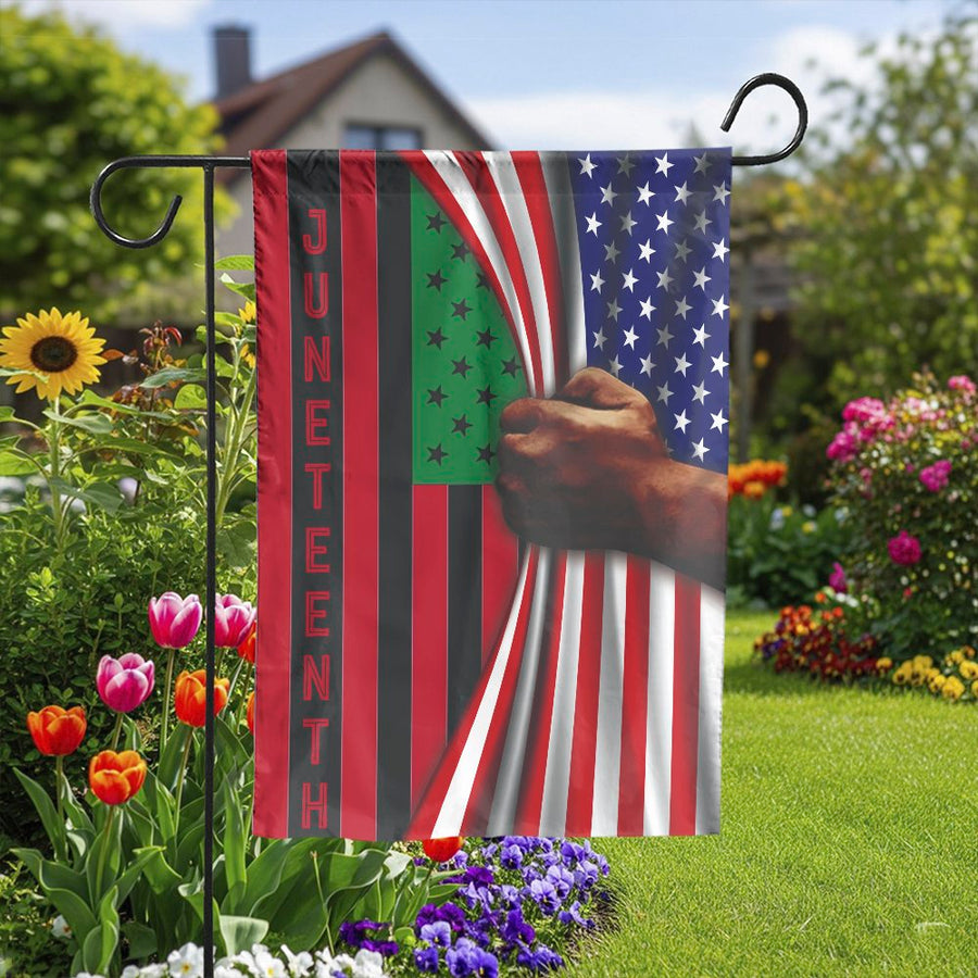Juneteenth Garden Flag | Hand Revealing Pan-African Flag Design | Double Sided Weather-Resistant Polyester | Outdoor Yard Decor for June 19th Celebration