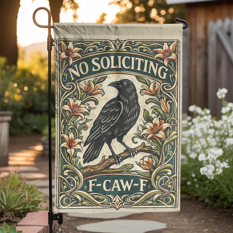 No Soliciting Garden Flag | Funny Crow Art Nouveau Design | Double Sided Polyester | Unique F-Caw-F Porch & Yard Decor Gift