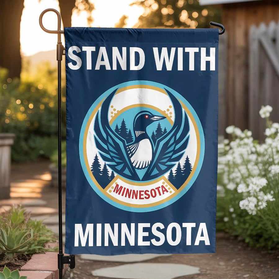 Stand With Minnesota Garden Flag | Loon State Bird Emblem | Weather-Resistant Polyester | MN State Pride Gift & Yard Decor