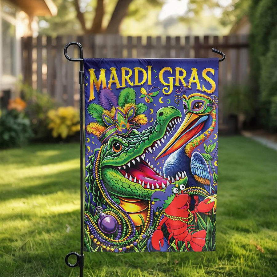 Mardi Gras Garden Flag | Alligator, Pelican & Crawfish Design | Double Sided Polyester | New Orleans Seasonal Yard Decor