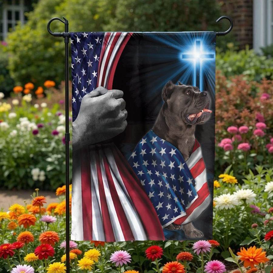 Cane Corso Garden Flag | Patriotic USA Flag with Christian Cross | Double-Sided Polyester | Memorial Gift for Dog Lover