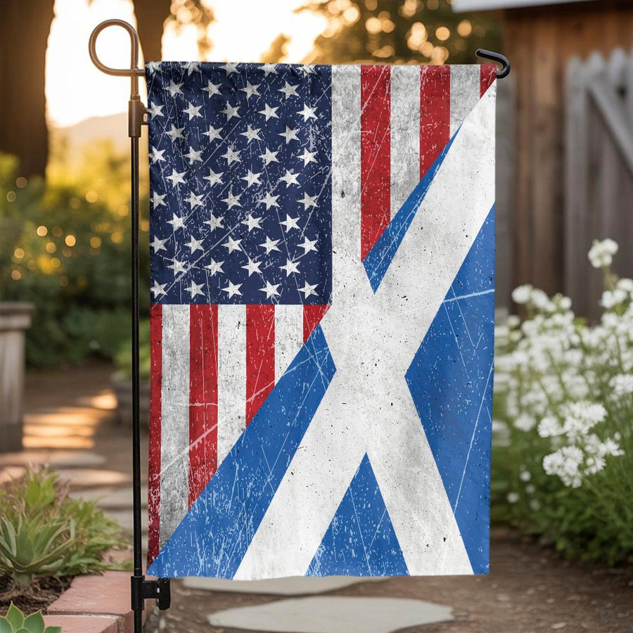 US Scotland Friendship Garden Flag | Vintage Distressed Split Design | Double Sided Polyester | Premium Scottish American Heritage Gift