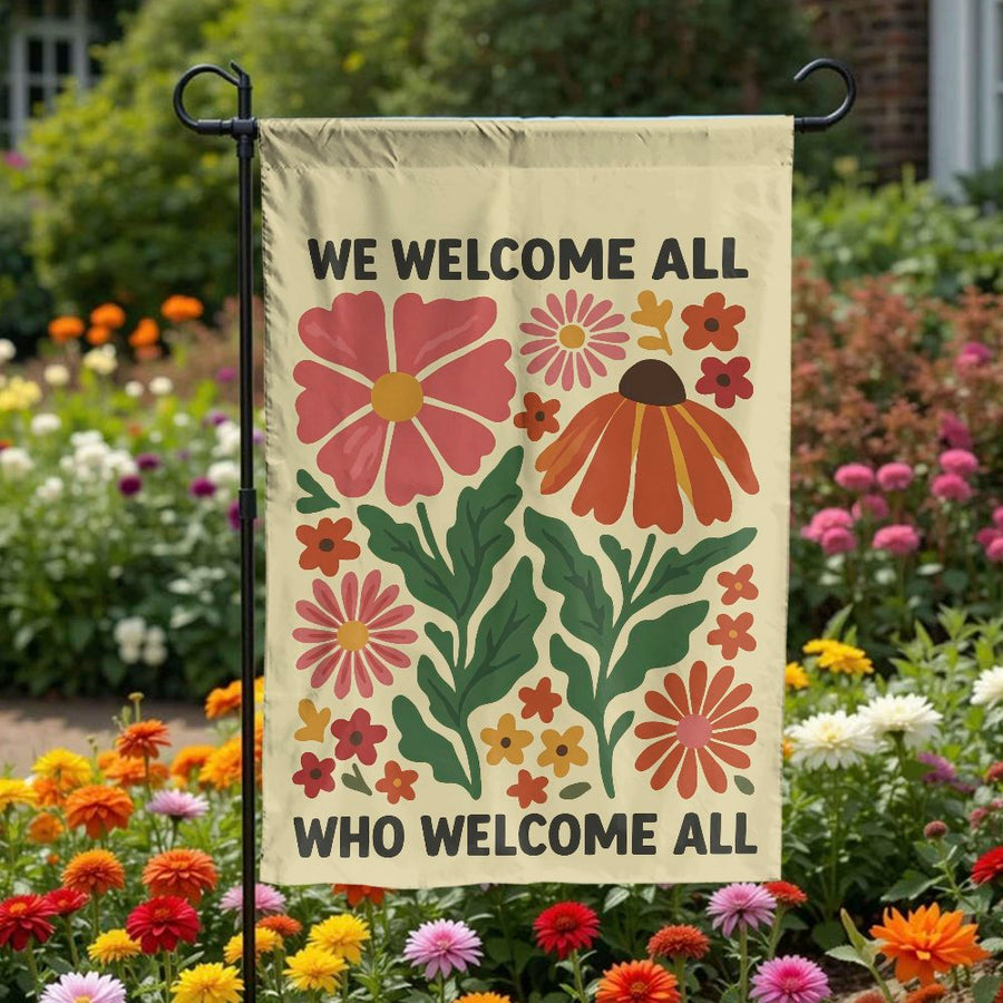 We Welcome All Garden Flag | Retro Floral Wildflower Design | Double Sided Weather Resistant | Inclusive Home & Yard Decor Gift