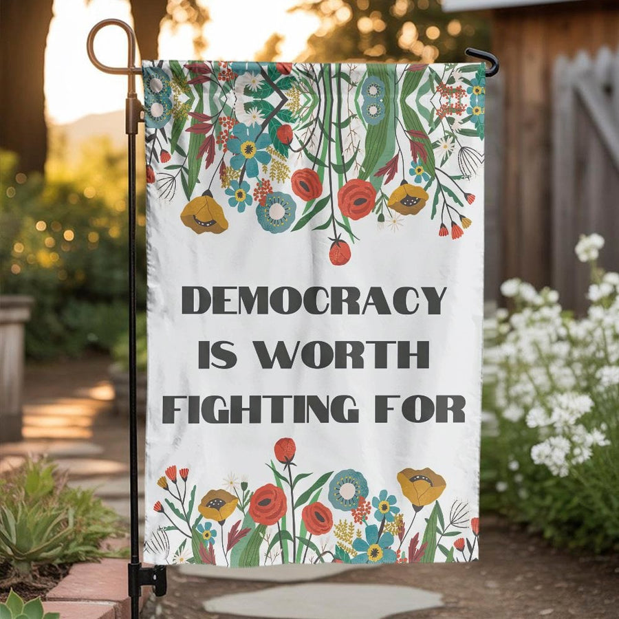 Democracy Garden Flag | Wildflower 'Democracy is Worth Fighting For' Sign | Premium Double-Sided Polyester | Political Yard Decor Gift