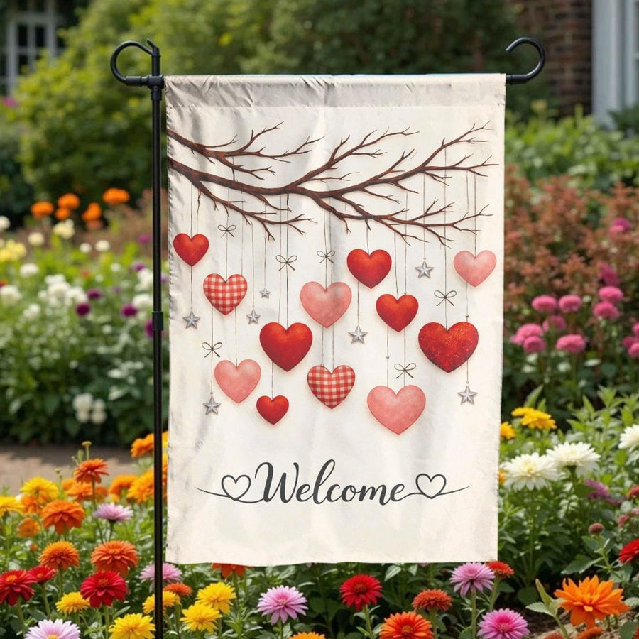 Welcome Garden Flag | Rustic Hanging Hearts Design | Weatherproof Double Sided Banner | Seasonal Yard & Porch Decor Gift