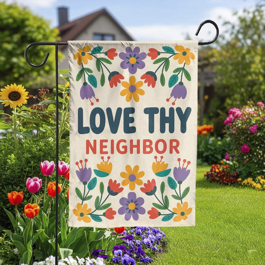Love Thy Neighbor Garden Flag | Retro Floral Design | Premium Weather-Resistant Polyester | Welcome Yard Decor for Home & Patio