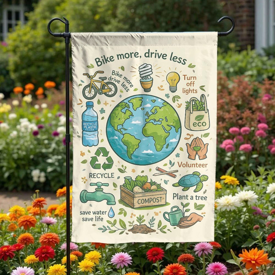Earth Day Garden Flag | Save The Planet Eco Illustration | Double Sided Weather Resistant Fabric | Outdoor Yard Decor Gift for Environmentalist