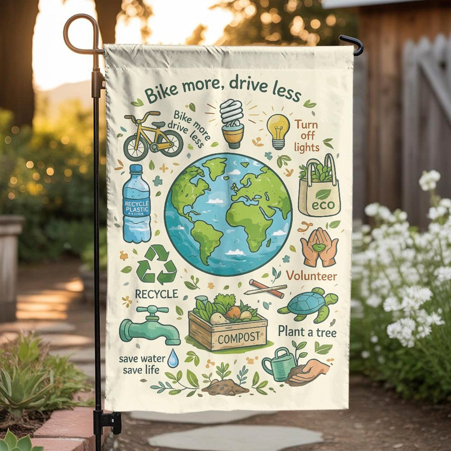 Earth Day Garden Flag | Save The Planet Eco Illustration | Double Sided Weather Resistant Fabric | Outdoor Yard Decor Gift for Environmentalist