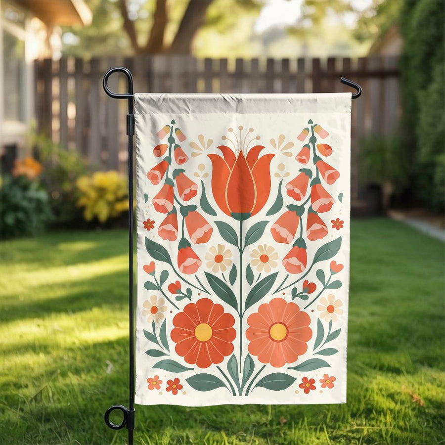 Folk Art Floral Garden Flag | Symmetrical Tulip & Daisy Pattern | Weather-Resistant Polyester | Spring Welcome Yard Decor Gift