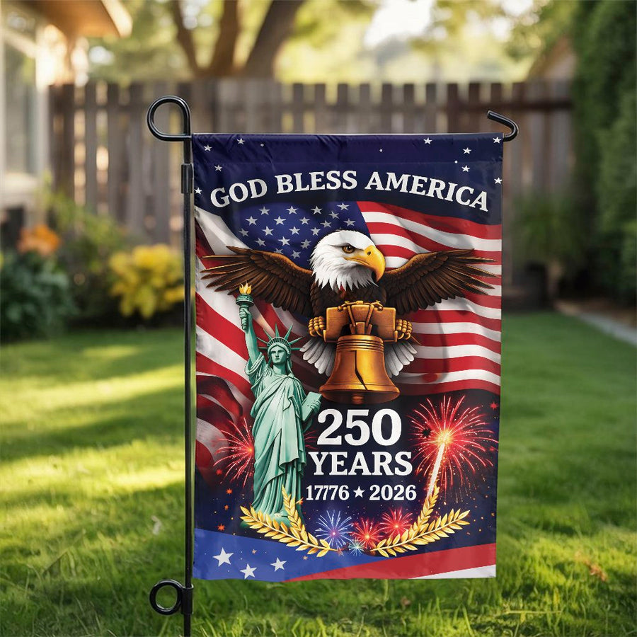 America 250th Anniversary Garden Flag | God Bless America Eagle & Liberty Bell | Double Sided Weatherproof Fabric | Patriotic Yard Decor for 2026 Celebration