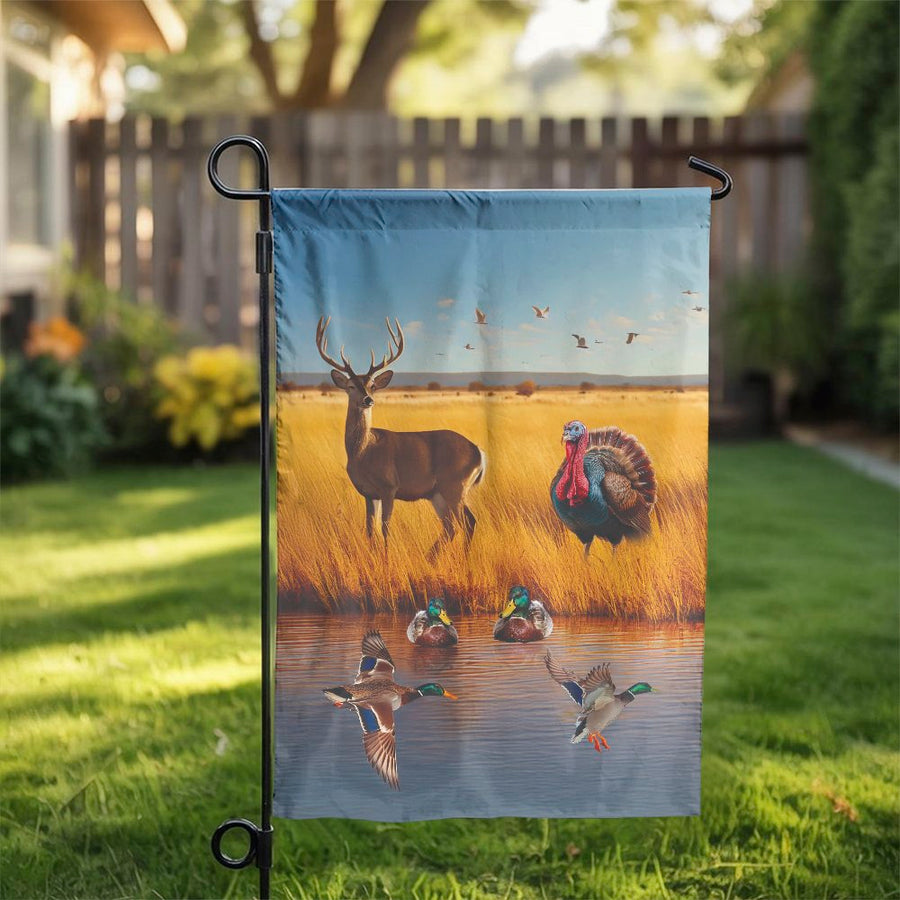 Wildlife Hunting Scene Garden Flag | Rustic Deer, Duck & Turkey Landscape | Double Sided Weatherproof Fabric | Outdoor Yard Decor Gift for Hunter