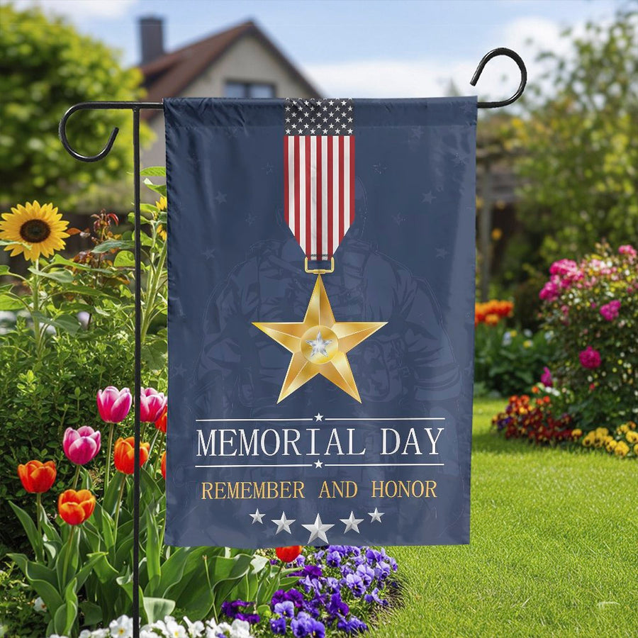 Memorial Day Garden Flag | Remember and Honor Soldier Medal | Double Sided Weather-Resistant Fabric | Patriotic Yard Decor Gift