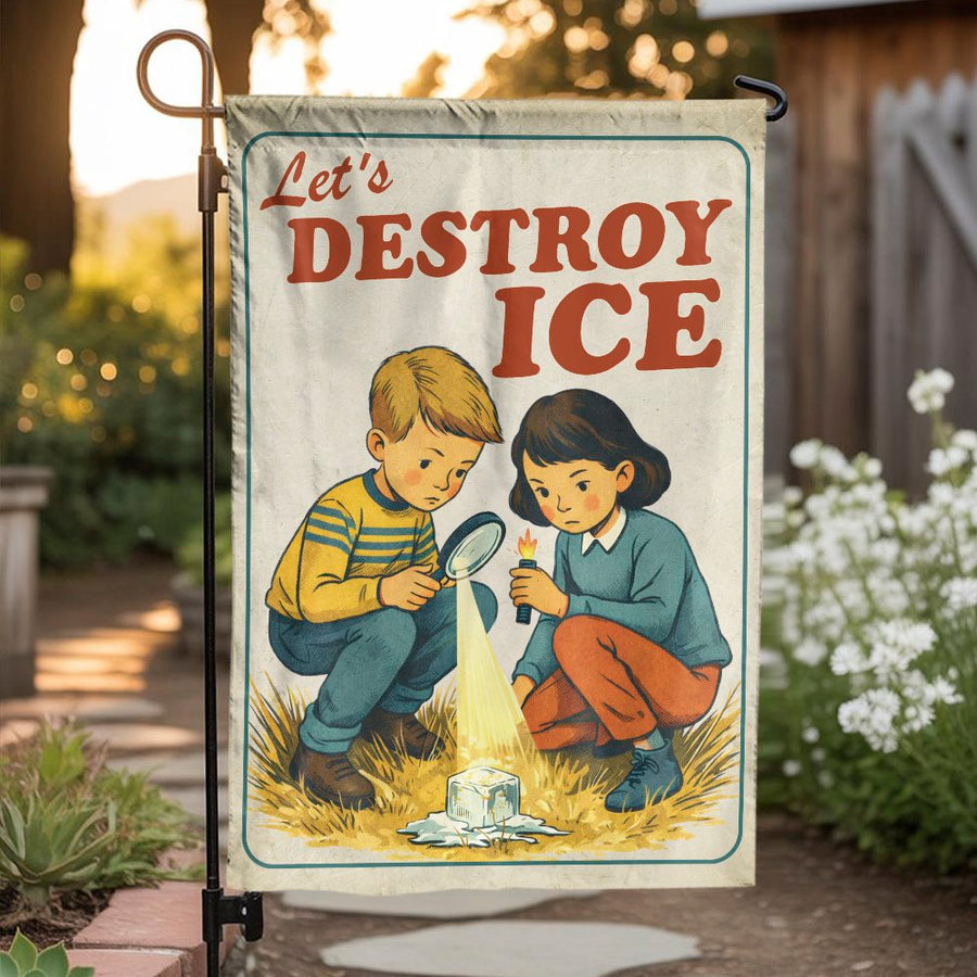 Funny Retro Garden Flag | Let's Destroy Ice Vintage Illustration | Premium Double Sided Polyester | Humorous Outdoor Yard Decor Gift