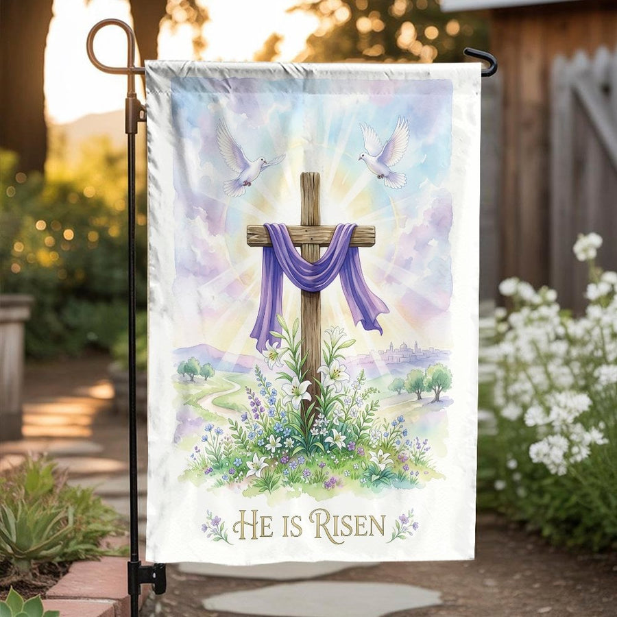 He is Risen Garden Flag | Jesus Resurrection Cross with Doves | Weather-Resistant Double-Sided | Christian Easter Decor Gift