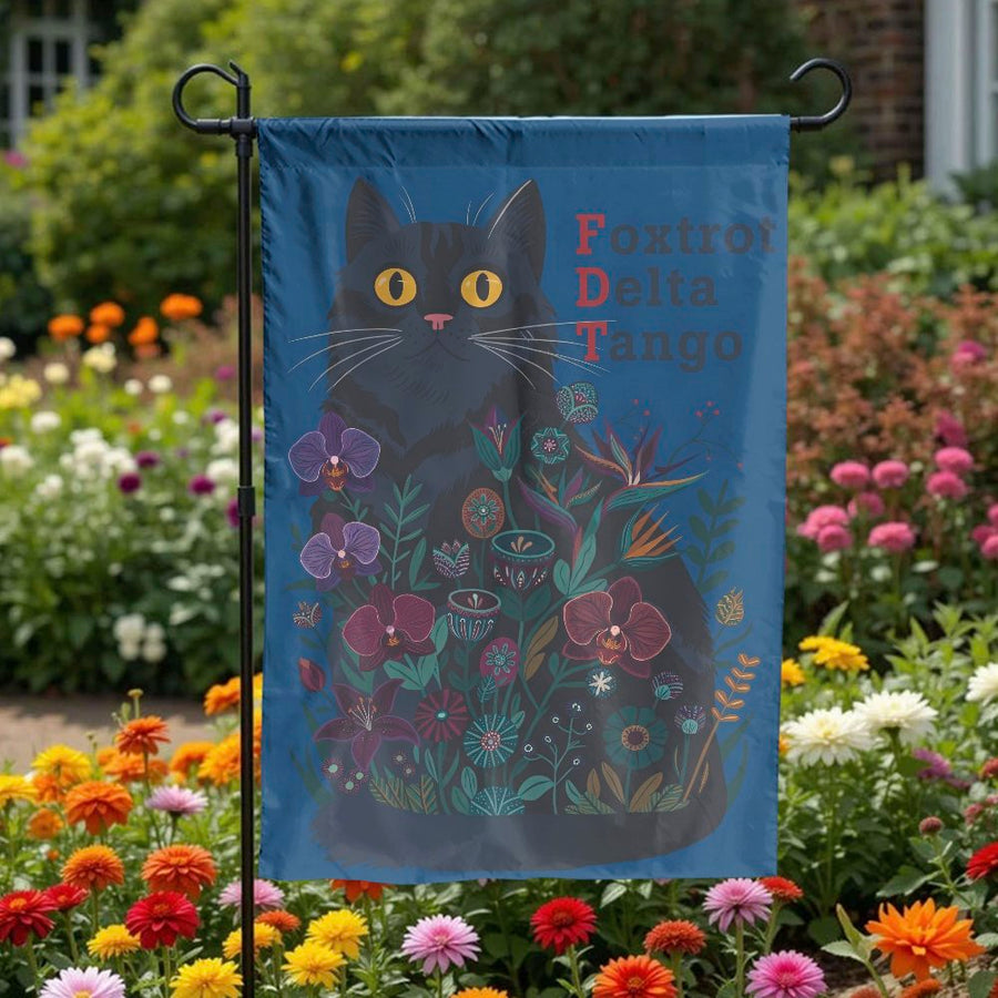 Black Cat Garden Flag | Botanical Floral Illustration with Foxtrot Delta Tango | Weather Resistant & Double Sided | Unique Outdoor Decor Gift for Cat Lover