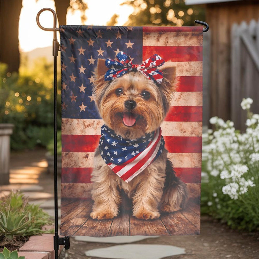 Patriotic Yorkie Garden Flag | Yorkshire Terrier with USA Flag Bandana | Double Sided Weatherproof Decor | Gift for Dog Lovers & Veterans
