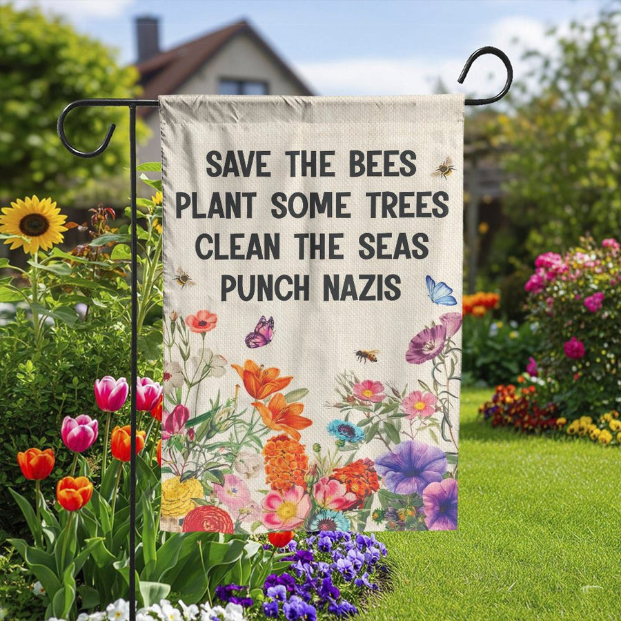 Save The Bees Garden Flag | Activist Quote with Botanical Wildflowers | Double-Sided Weather Resistant Fabric | Liberal Yard Decor Gift for Gardeners