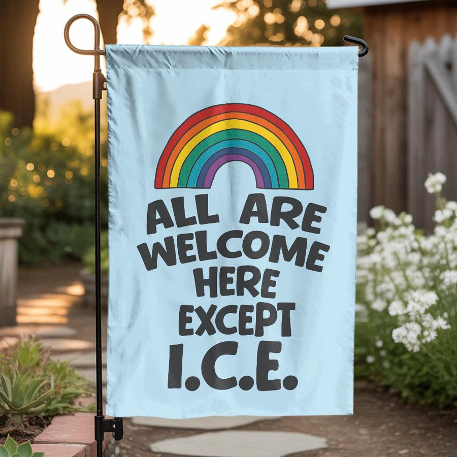 All Are Welcome Here Garden Flag | Anti-ICE Rainbow Graphic | Weather Resistant Polyester Yard Decor | Progressive Home Gift