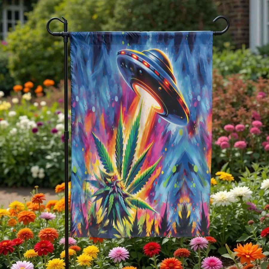Alien UFO Cannabis Garden Flag | Psychedelic Alien Harvest Art | Weather-Resistant Double Sided | Funny Stoner Yard Decor Gift