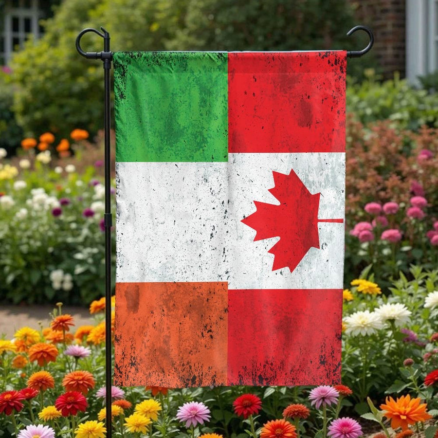 Irish Canadian Heritage Garden Flag | Distressed Split Flag Design | Double Sided Weatherproof Polyester | Outdoor Yard Decor Gift for Dual Citizen