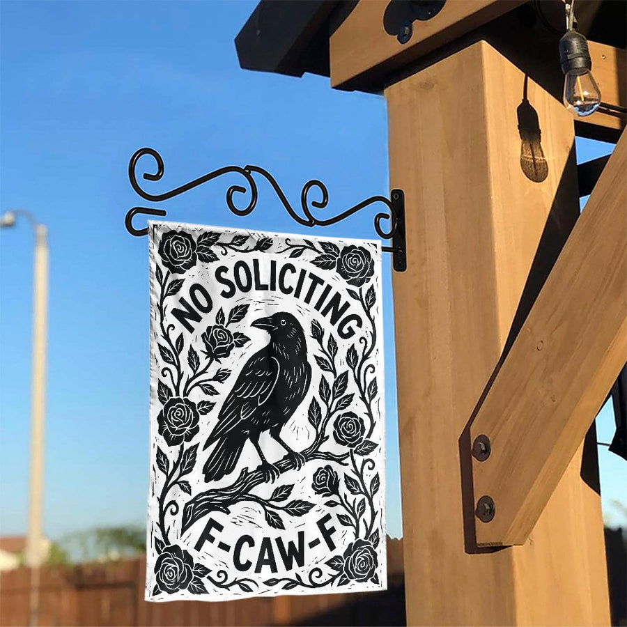 No Soliciting Garden Flag | Funny Crow Raven Linocut Art Sign | Double Sided Weather Resistant | F-Caw-F Front Porch Decor Gift