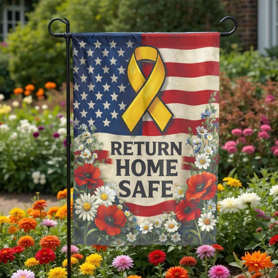 Return Home Safe Garden Flag | Support Our Troops Yellow Ribbon US Flag | Double-Sided Polyester | Patriotic Yard Decor Gift for Military Family