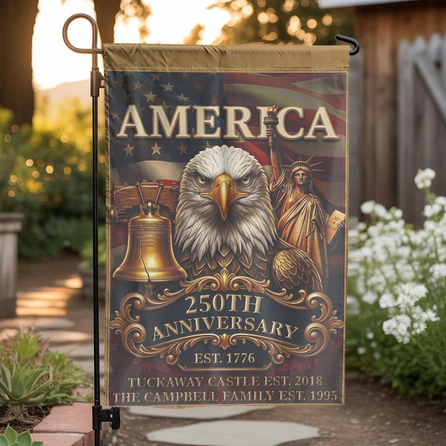 America 250th Anniversary Garden Flag | Patriotic Eagle & Liberty Bell | Double Sided Weather Resistant Fabric | Commemorative Yard Decor Gift