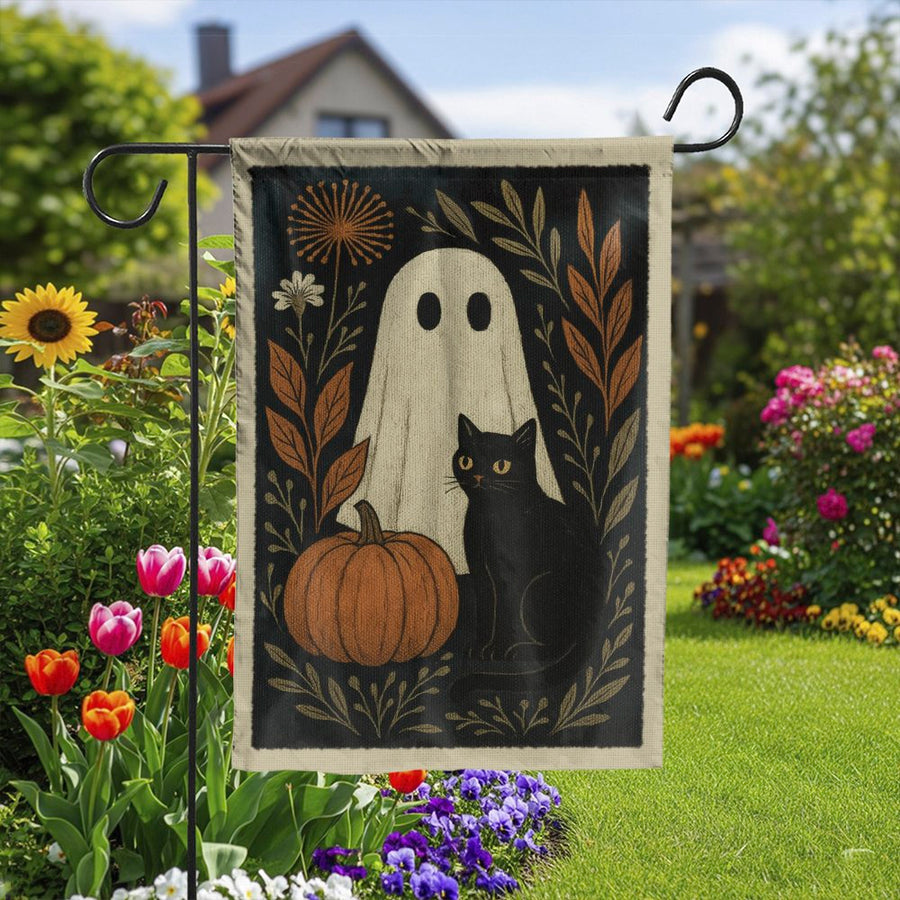 Vintage Ghost and Black Cat Garden Flag | Retro Spooky Pumpkin Illustration | Double Sided Weatherproof Polyester | Fall Yard Decor & Seasonal Gift