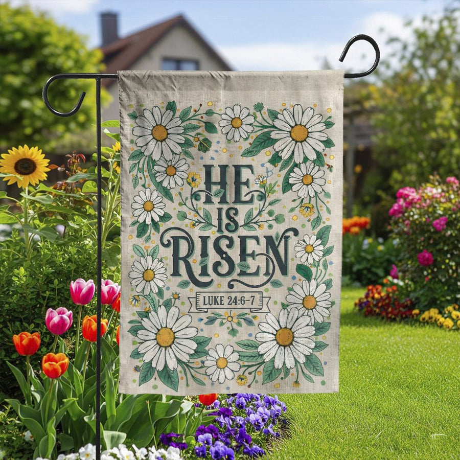 He Is Risen Garden Flag | Floral Daisy Wreath Scripture Verse | Double-Sided Weather-Resistant Fabric | Christian Easter Outdoor Decoration Gift