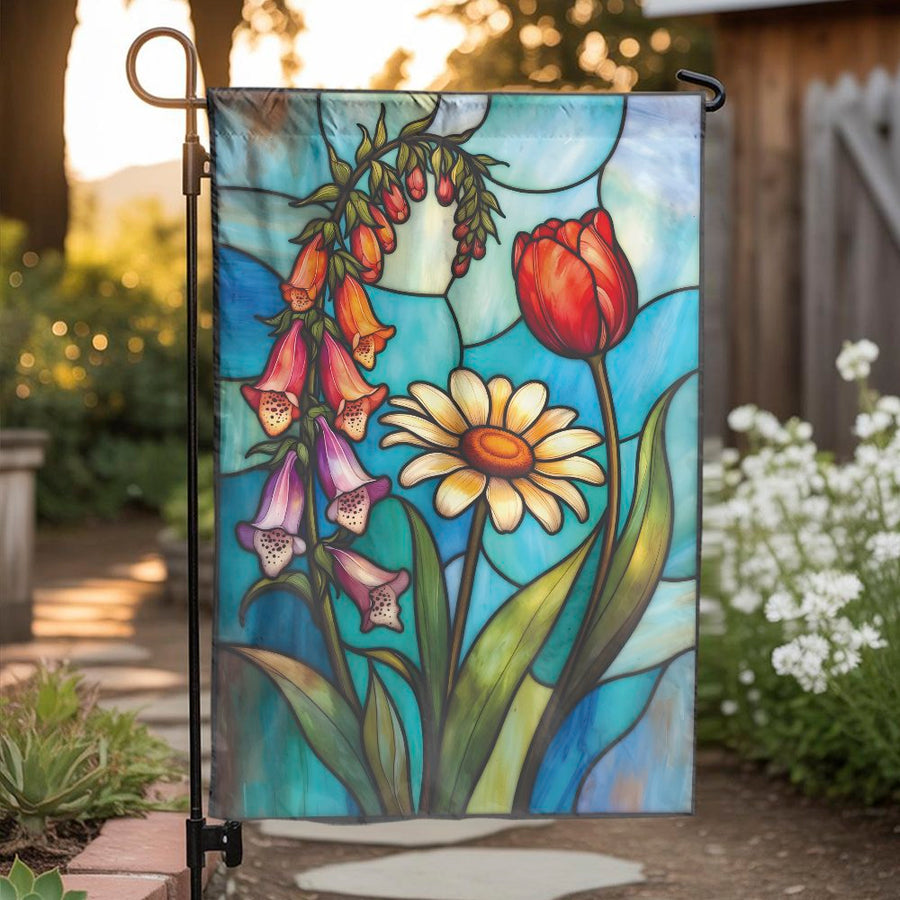 Stained Glass Floral Garden Flag | Vibrant Botanical Art Print | Premium Weather-Resistant Polyester | Outdoor Yard Decor Gift for Gardeners