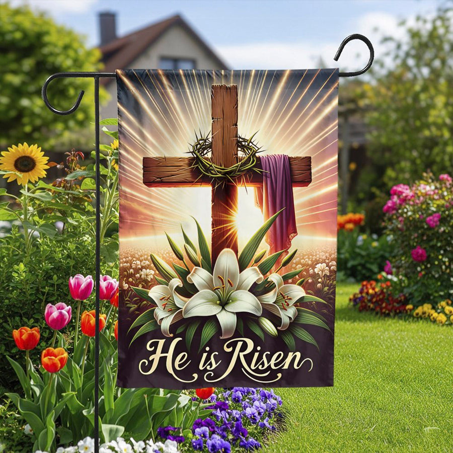 He is Risen Garden Flag | Christian Cross with Lilies Art | Premium Double Sided Polyester | Religious Easter Outdoor Decor Gift