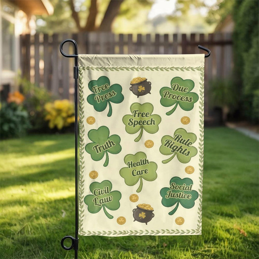 St Patrick's Day Shamrock Garden Flag | Social Justice Clover Design | Double-Sided Weather-Resistant Polyester | Outdoor Yard Decor Gift