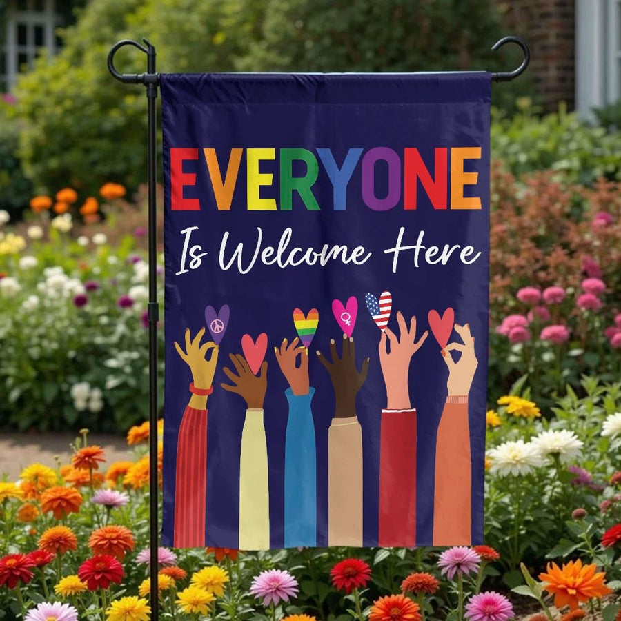 Everyone is Welcome Garden Flag | Rainbow Pride & Diversity Hands | Premium Double Sided Polyester | Inclusive Home & Yard Decor Gift
