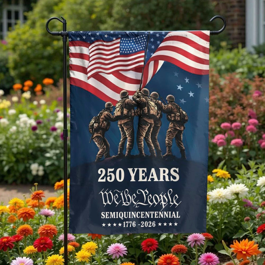 We The People Garden Flag | 250th Anniversary Semiquincentennial Design | Double Sided Weather-Resistant Fabric | Commemorative Patriotic Yard Decor Gift