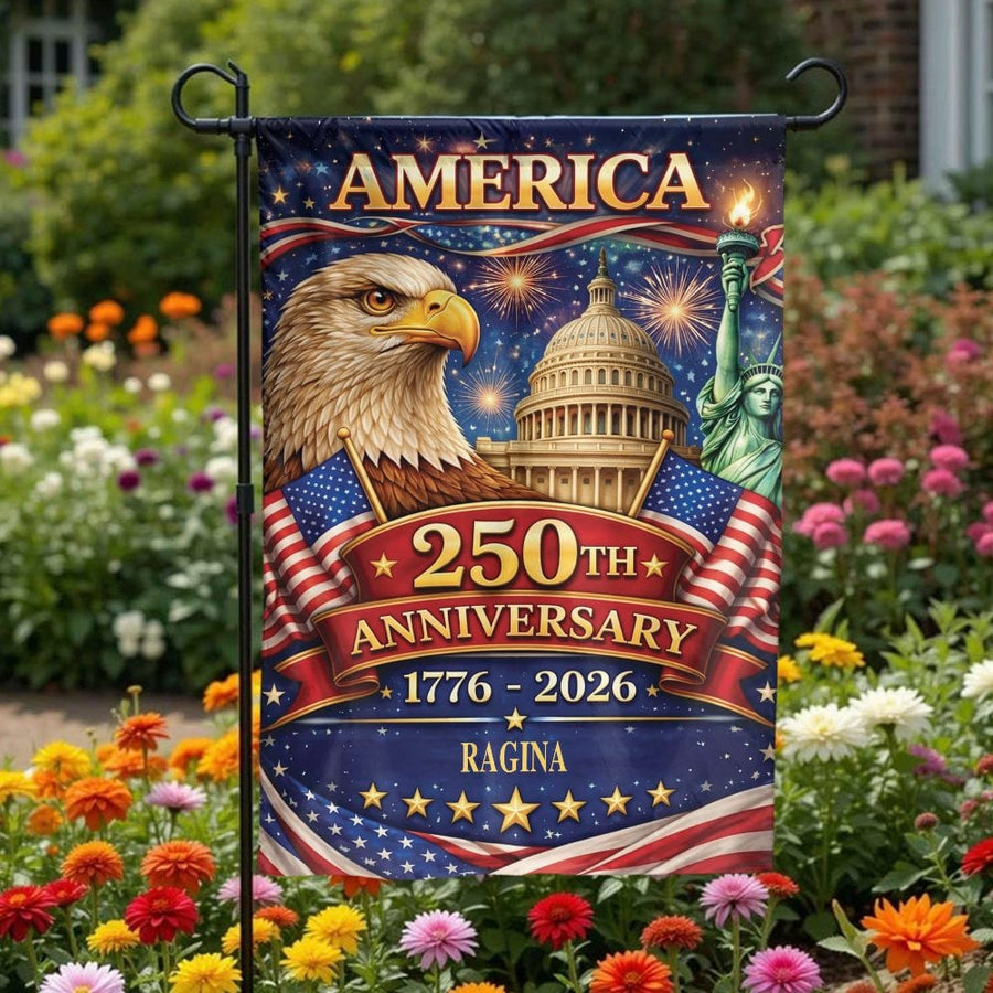 America 250th Anniversary Garden Flag | Patriotic Eagle & Landmarks Decor | Premium Weather-Resistant Fabric | USA Semiquincentennial Collector's Gift