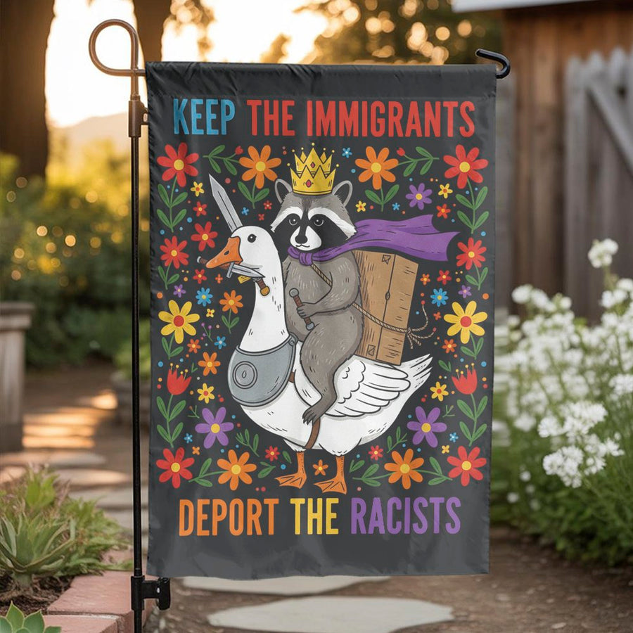 Pro Immigrant Garden Flag | Funny Raccoon Riding Goose Floral Art | Double-Sided Weather-Resistant Polyester | Progressive Home Decor Gift