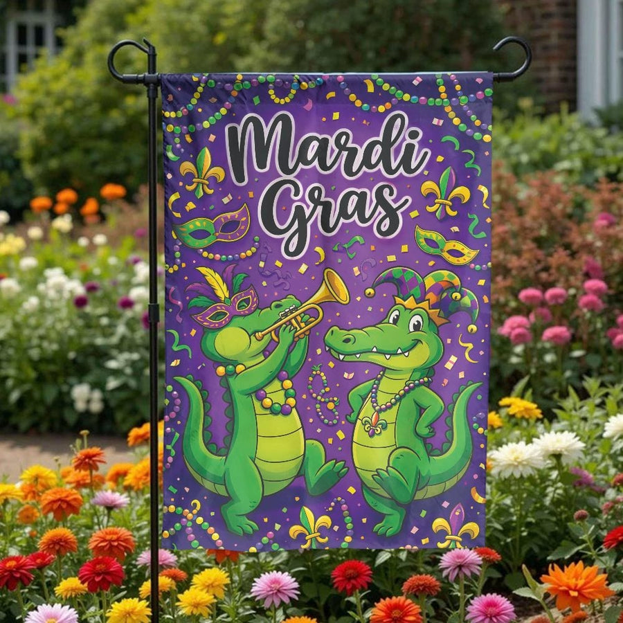 Mardi Gras Garden Flag | Cartoon Alligator Parade Banner | Weather Resistant & Double Sided | Seasonal Outdoor Decor Gift