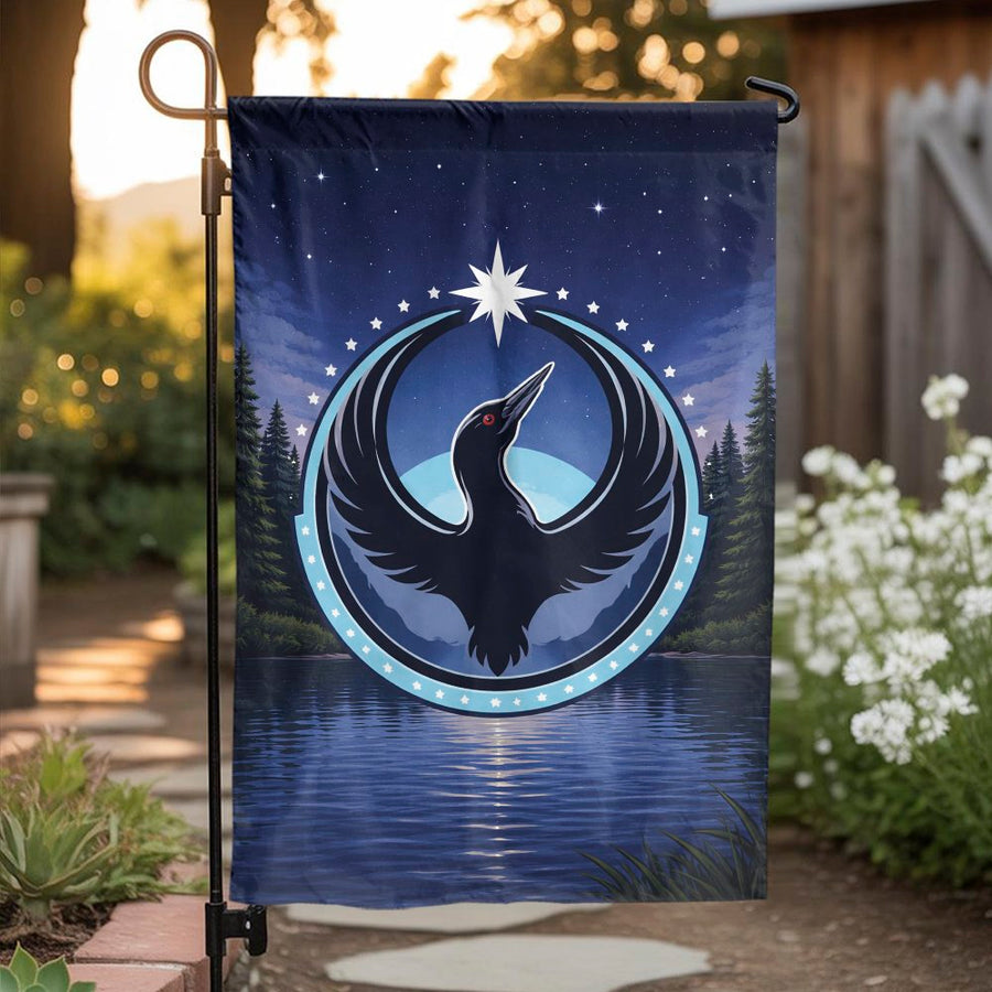 Mystic Loon Garden Flag | Celestial Bird Emblem over Lake Scene | Double-Sided Weatherproof Fabric | Outdoor Yard & Patio Decor Gift