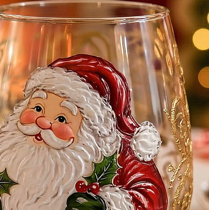 Macro: the raised Santa scene standing off the glass, gold filigree catching the light.