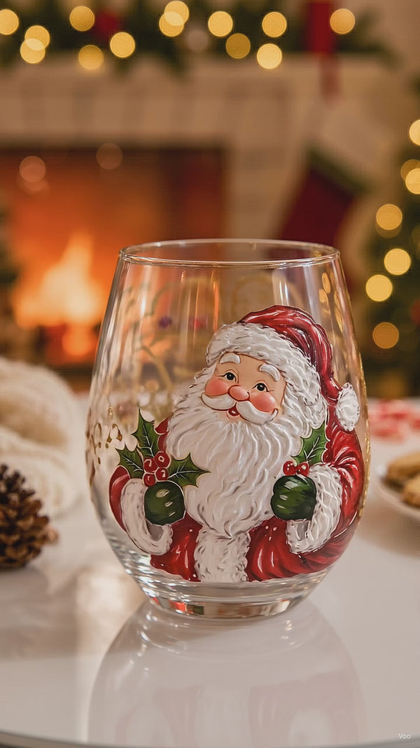 Santa Claus - the glass turning on a mantel in front of a lit fireplace.